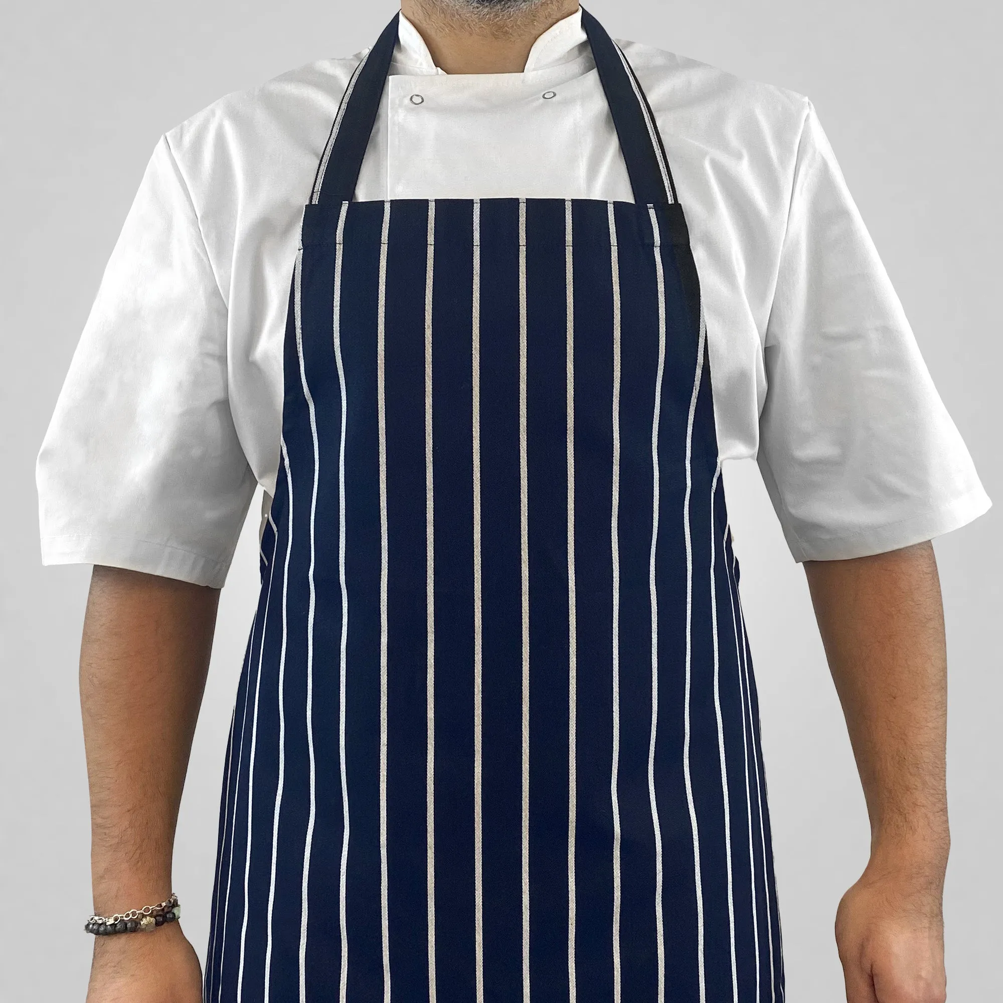 Pegasus Aprons 100% Polyester Navy/White Stripe Butcher's Bib Apron