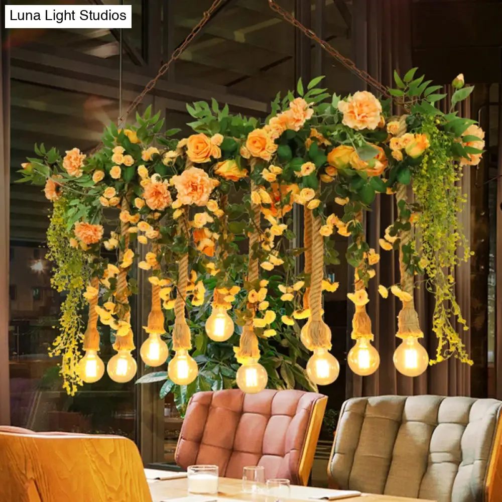 Pink Flower and Vine Hemp Rope Pendant Light for Cottage Island Lighting in Dining Room