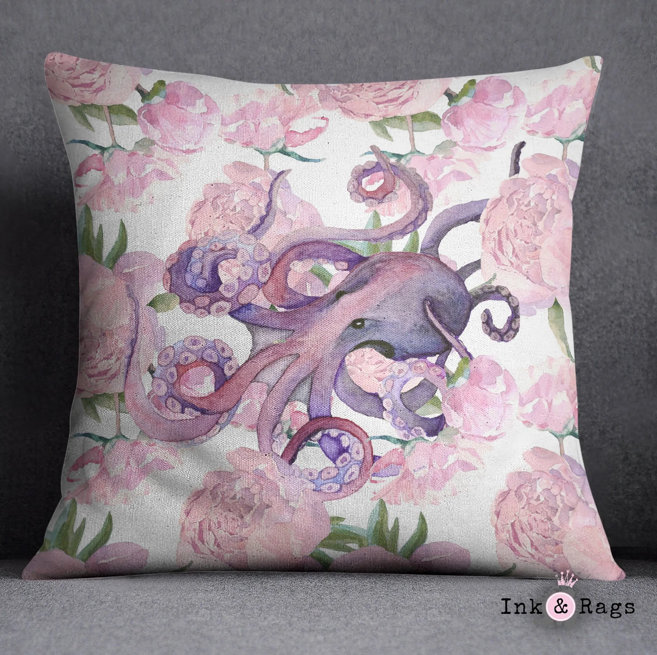 Pink Peony Purple Octopus Decorative Throw and Pillow Cover Set