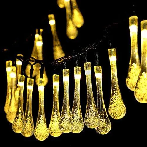 Quace Solar String Lights 6m/20ft 30 LED Water-Resistant Lights Festival Decoration Crystal Water Drop String Lights for Indoor Outdoor Bedroom Patio Lawn Garden Party Decorations - Warm White