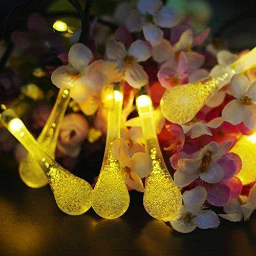 Quace Solar String Lights 6m/20ft 30 LED Water-Resistant Lights Festival Decoration Crystal Water Drop String Lights for Indoor Outdoor Bedroom Patio Lawn Garden Party Decorations - Warm White