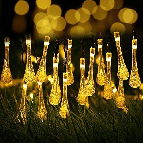 Quace Solar String Lights 6m/20ft 30 LED Water-Resistant Lights Festival Decoration Crystal Water Drop String Lights for Indoor Outdoor Bedroom Patio Lawn Garden Party Decorations - Warm White