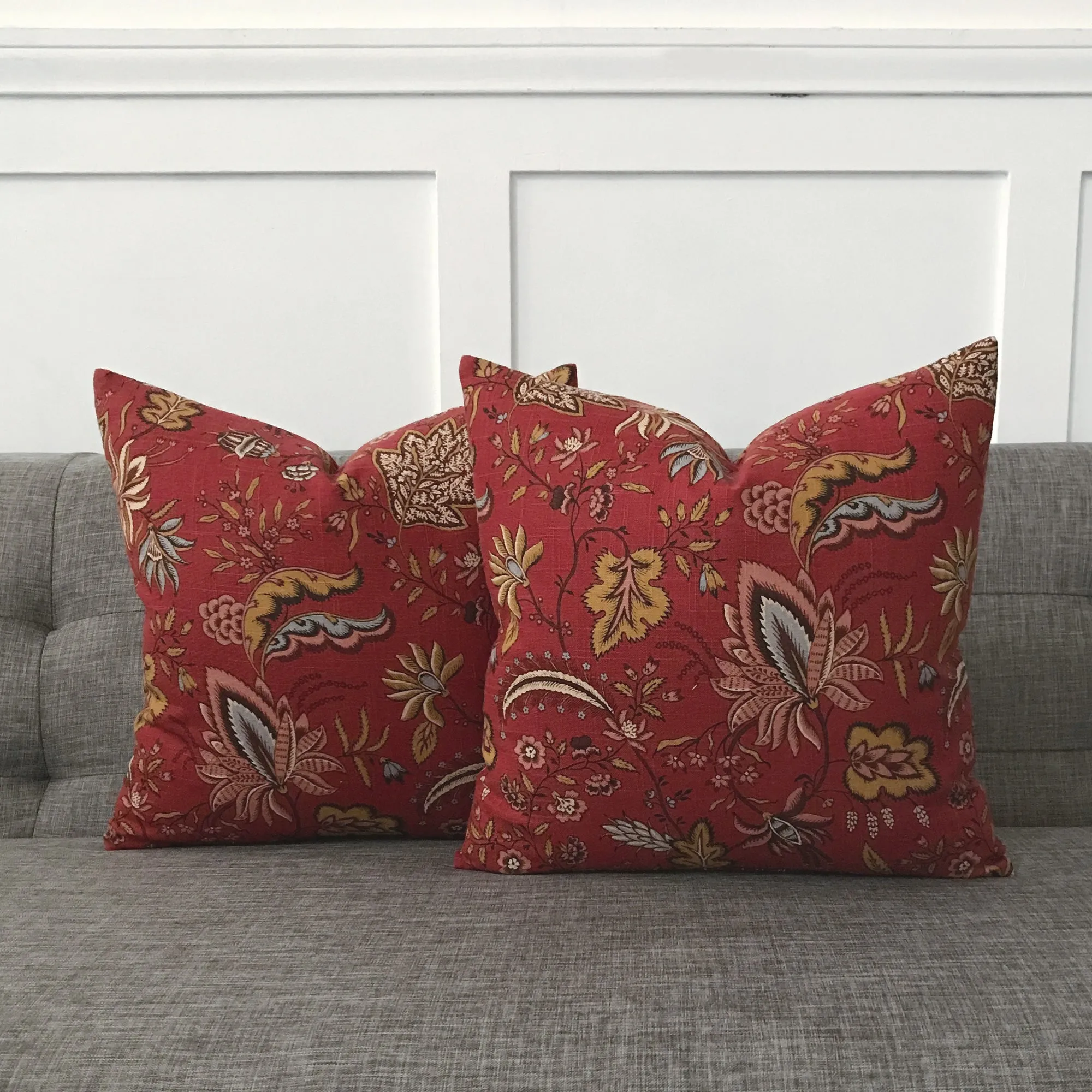 Red Botanical Linen Throw Pillow Cover 16x16