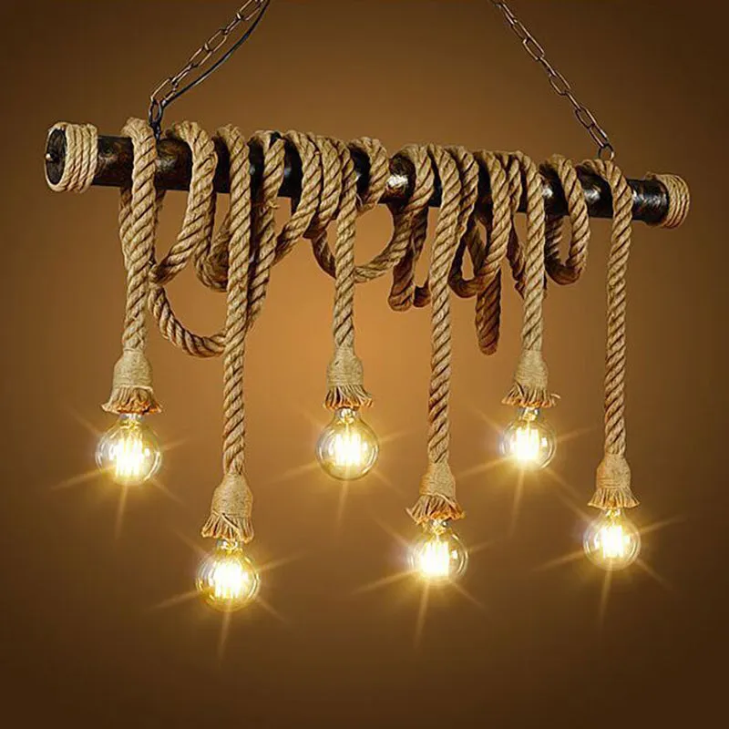 Retro Hemp Rope Exposed Bulb Pendant Light Fixture for Ceiling, Ideal for Restaurants - Flaxen Island Lighting