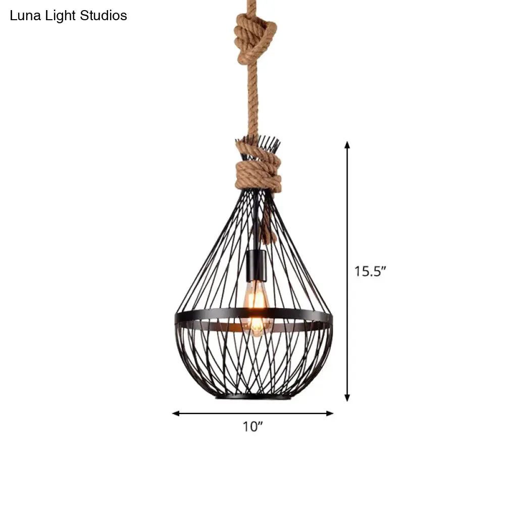 Retro Iron Pear-Shaped  Suspension Lighting with Hemp Rope in Black