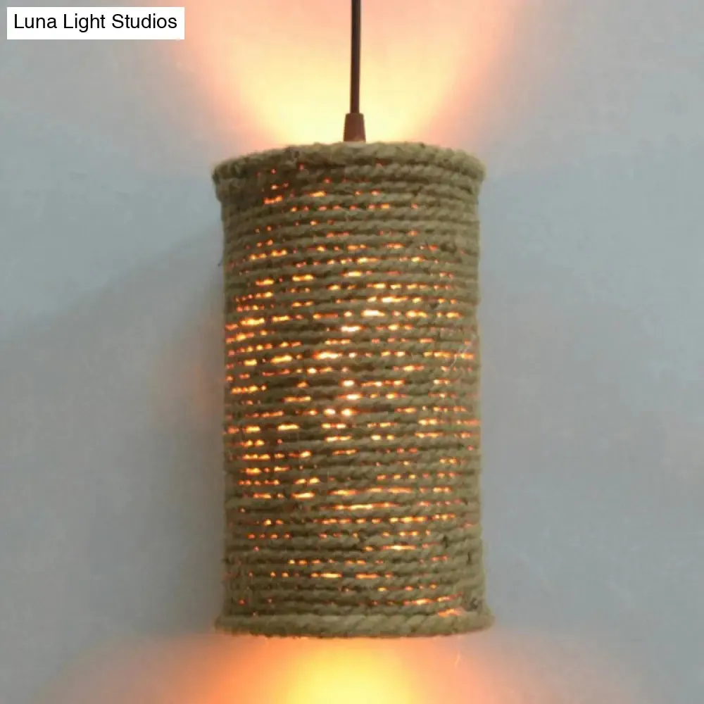 Rustic Beige Pendant Lights for Restaurant: Vintage Rope Cylinder Design