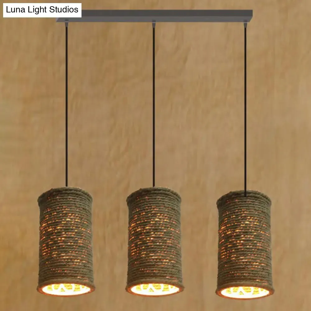 Rustic Beige Pendant Lights for Restaurant: Vintage Rope Cylinder Design