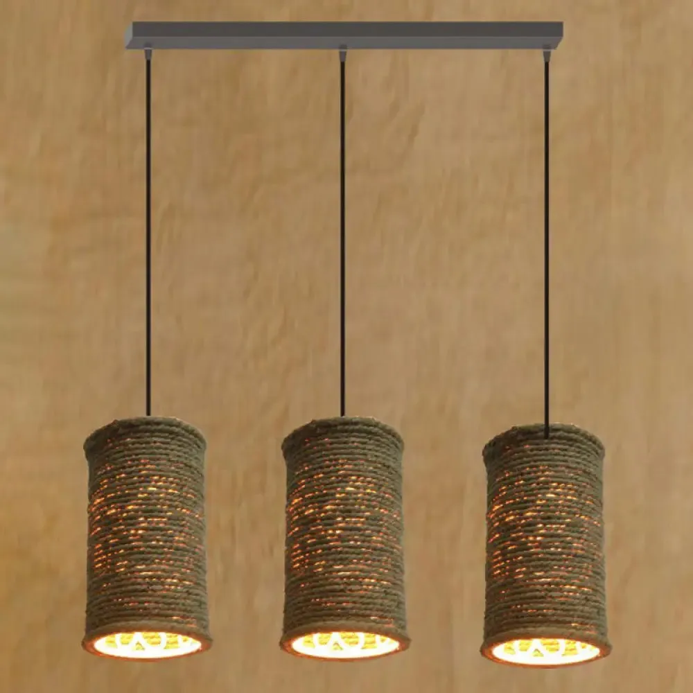 Rustic Beige Pendant Lights for Restaurant: Vintage Rope Cylinder Design