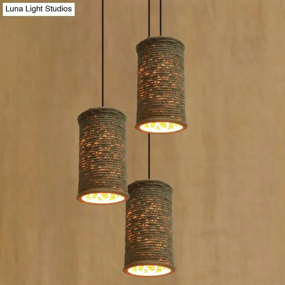 Rustic Beige Pendant Lights for Restaurant: Vintage Rope Cylinder Design