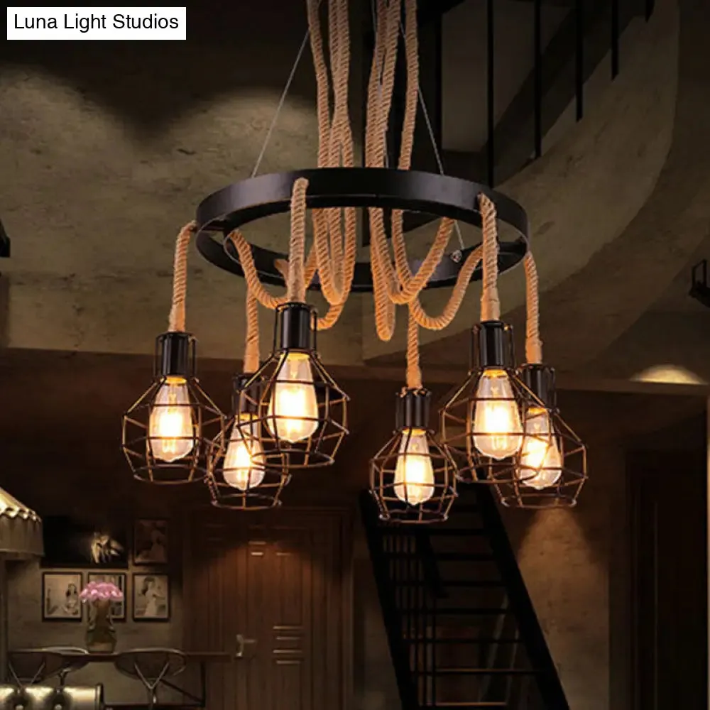 Rustic Circular Iron Pendant Light with Hemp Rope and Cage - 6 Bulb Brown Chandelier for Restaurants