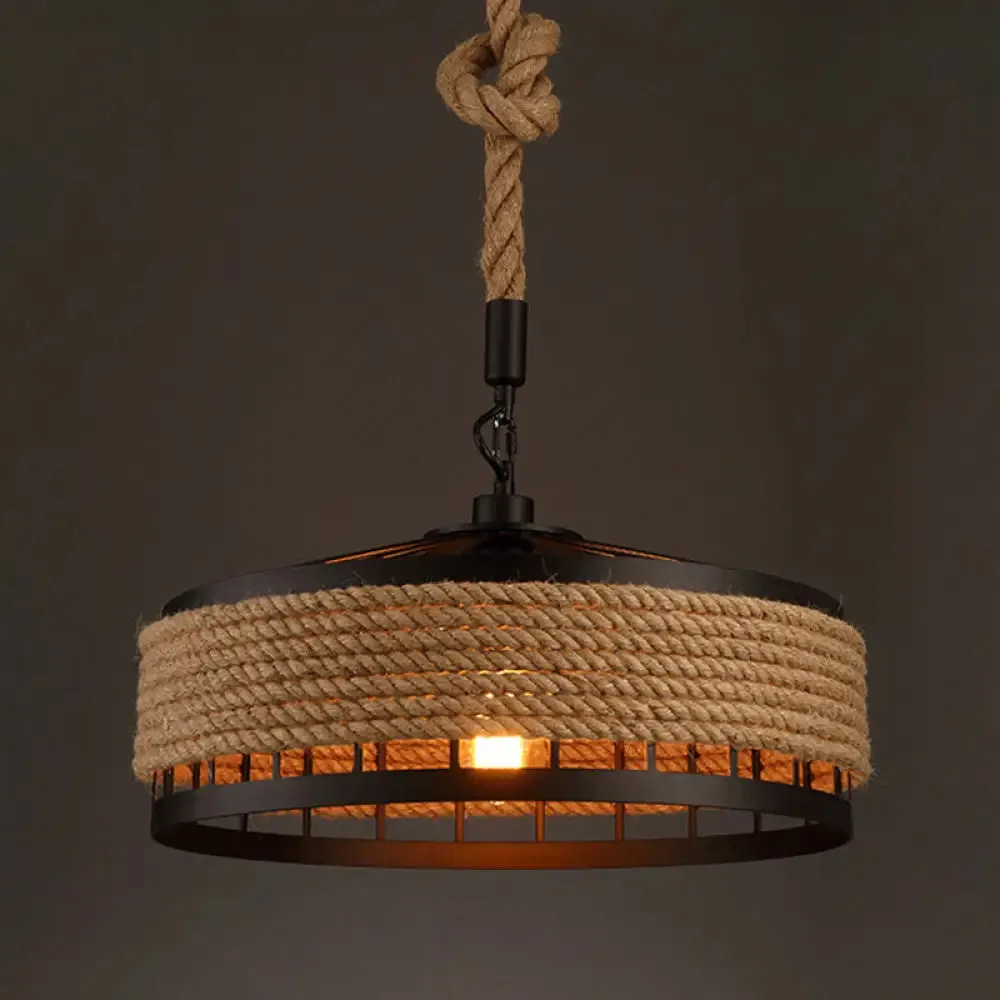 Rustic Hand-Twisted Rope Pendant Light in Black-Brown Finish - 1 Bulb for Restaurants