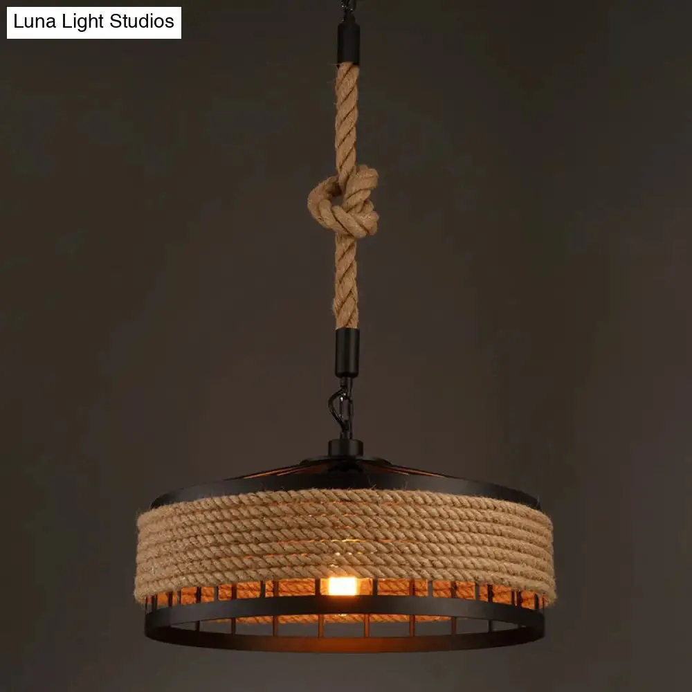 Rustic Hand-Twisted Rope Pendant Light in Black-Brown Finish - 1 Bulb for Restaurants