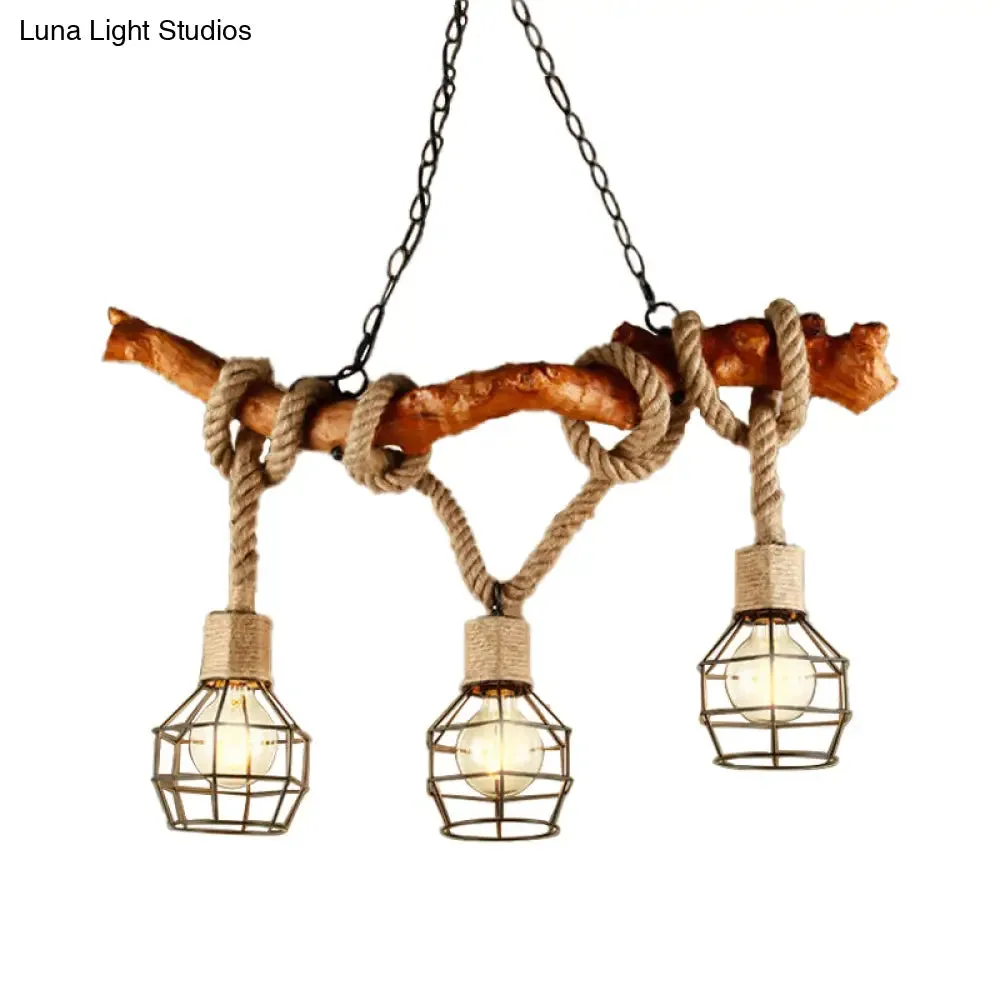 Rustic Metal and Rope Beige Island Pendant Light with 3 Lights and Globe Cage