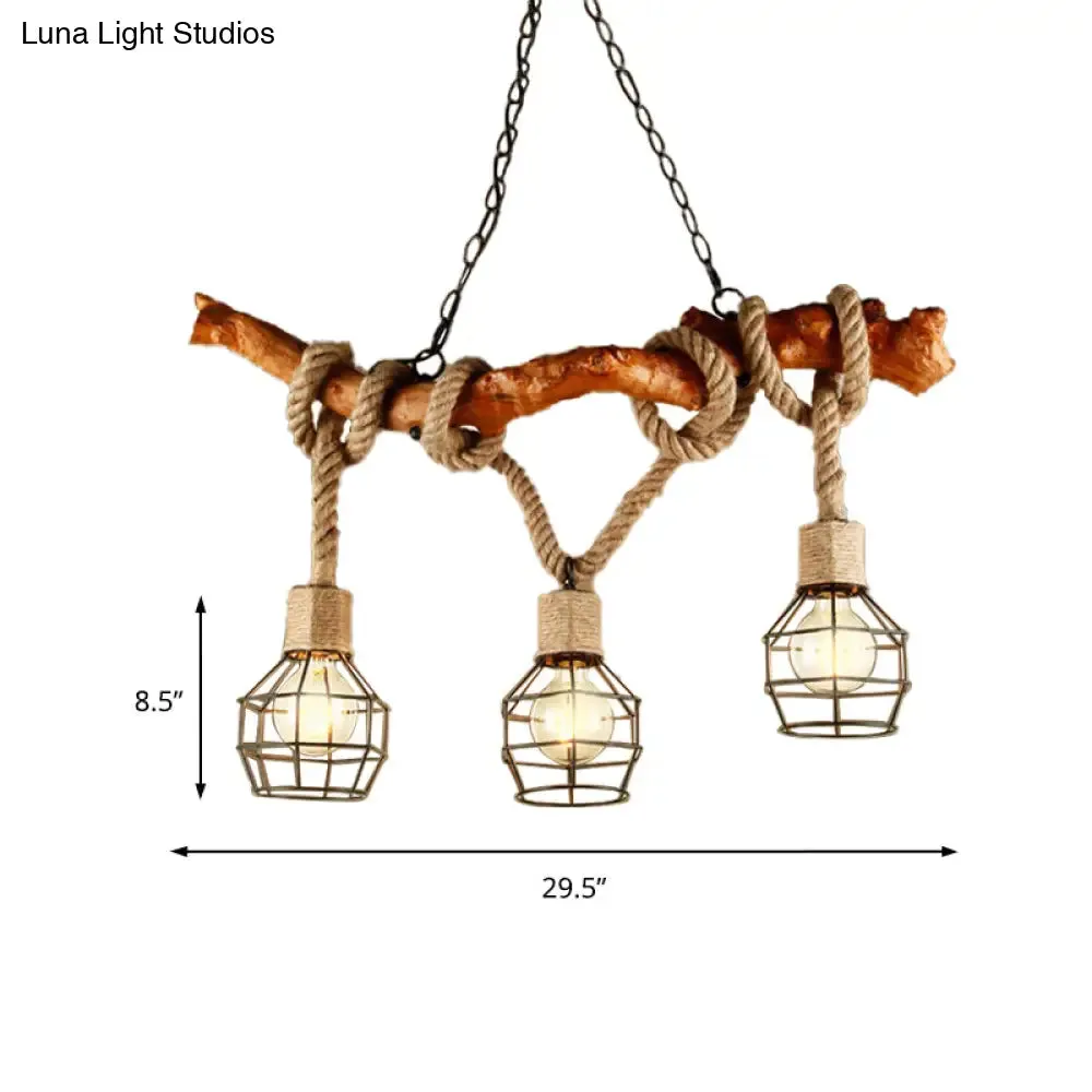 Rustic Metal and Rope Beige Island Pendant Light with 3 Lights and Globe Cage