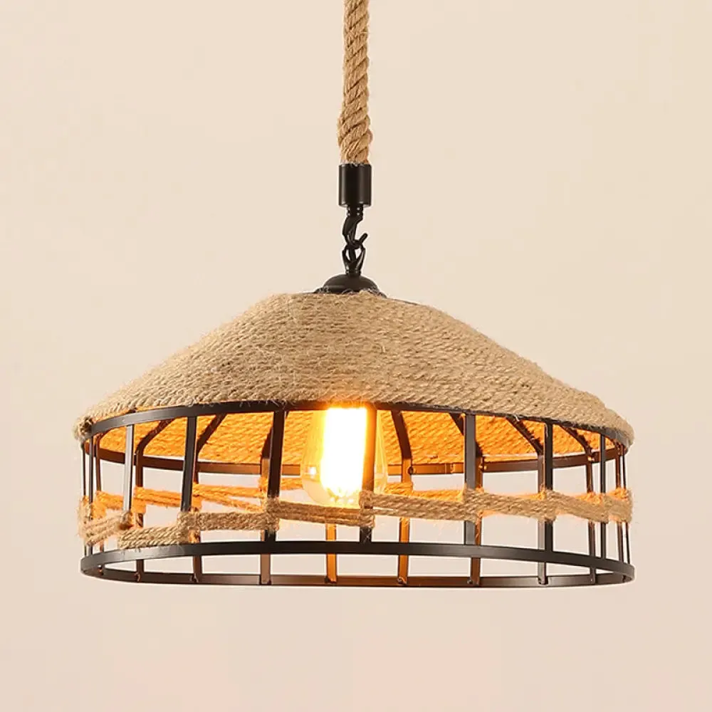 Rustic Rope Barn Hanging Ceiling Light - Metal Drop Lamp in Beige for Restaurant