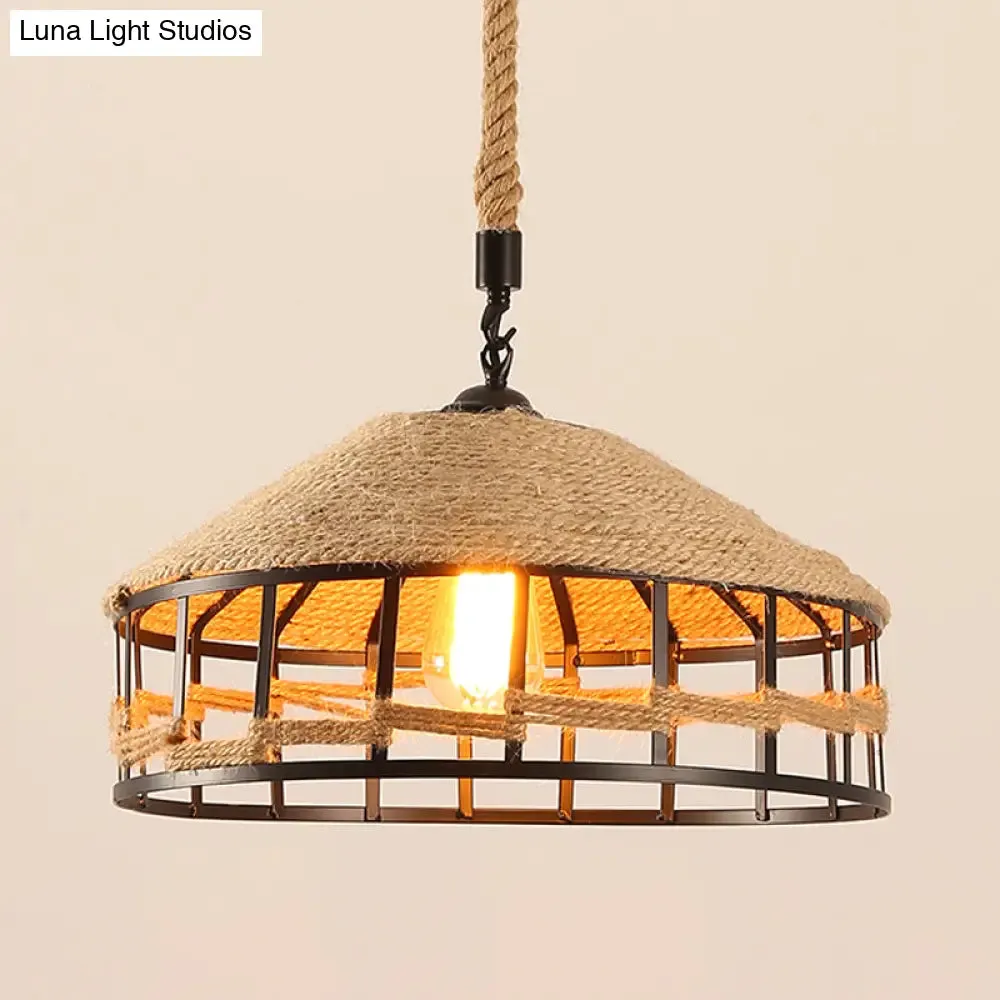 Rustic Rope Barn Hanging Ceiling Light - Metal Drop Lamp in Beige for Restaurant