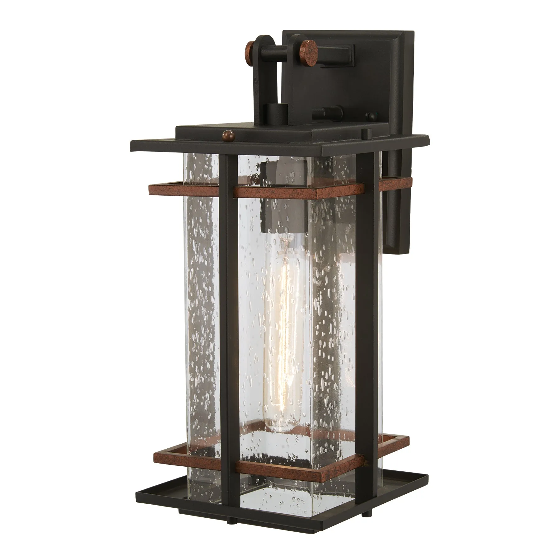 San Marcos 1-Light Outdoor Wall Mount in Coal with Antique Copper Accents & Clear Seeded Glass