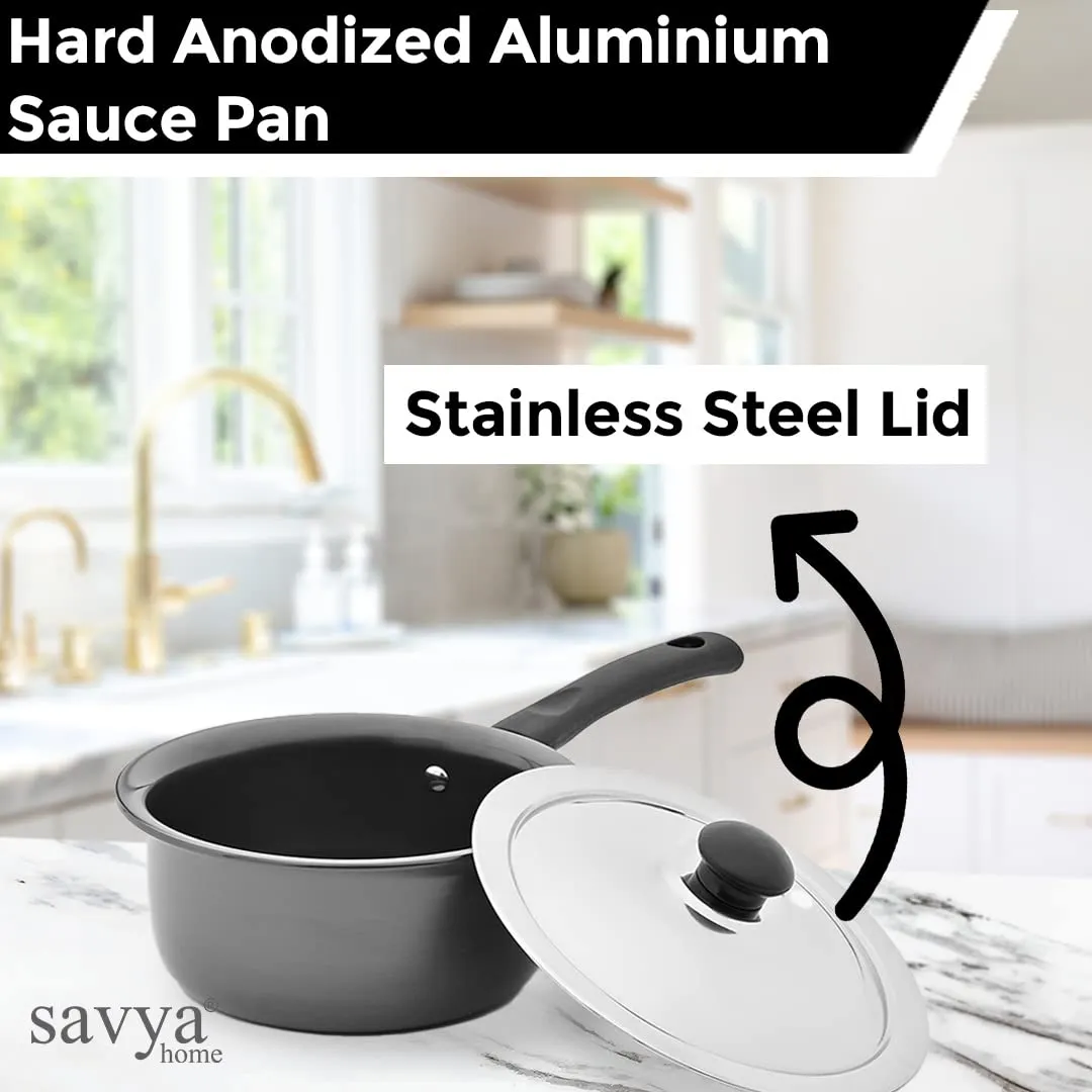 Savya Home Hard Anodized Aluminum Sauce Pan with Stainless Steel Lid | Non-Toxic, Non-Reactive, Durable & Scratch Resistant | Gas stove & Induction Cookware Set (1.6 L)