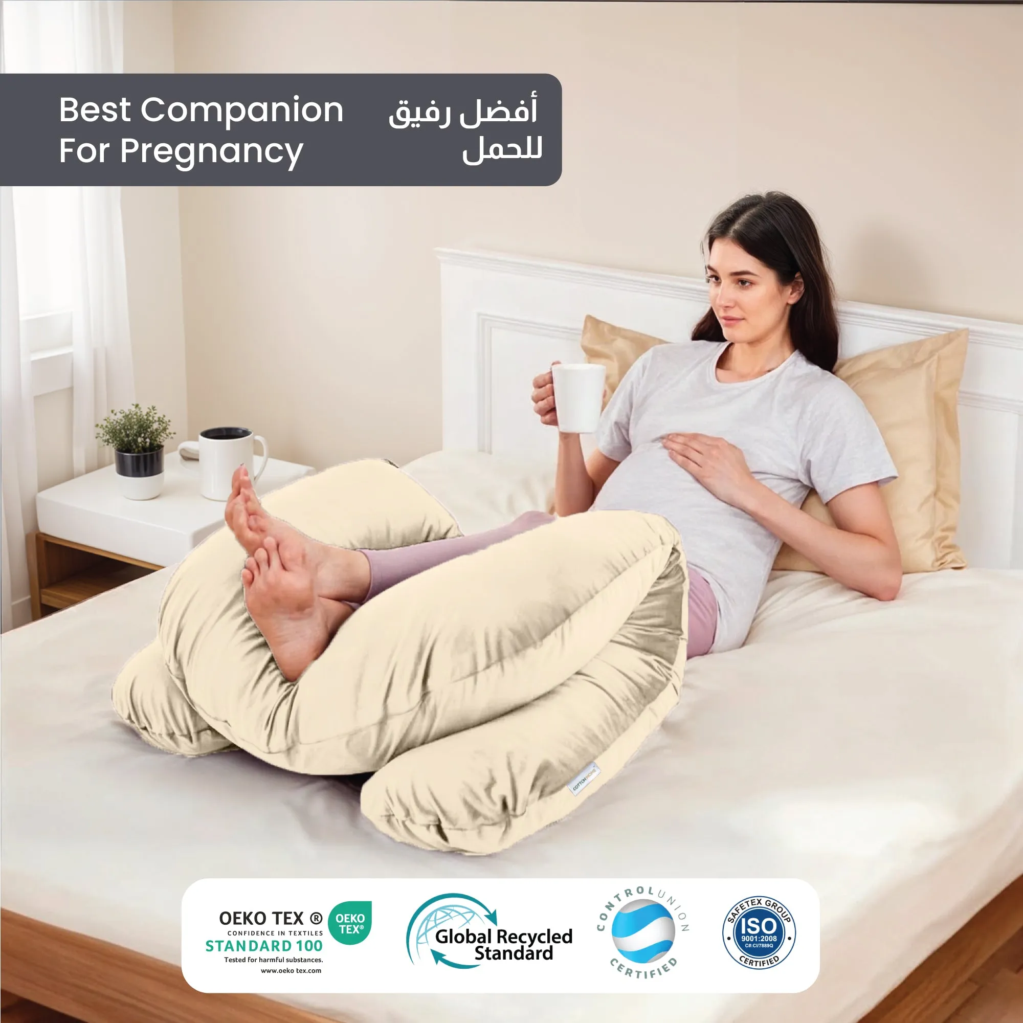 Serenity Velvet Pregnancy Pillow U-Shape Full Body Pillow  With Removable Cover Ivory