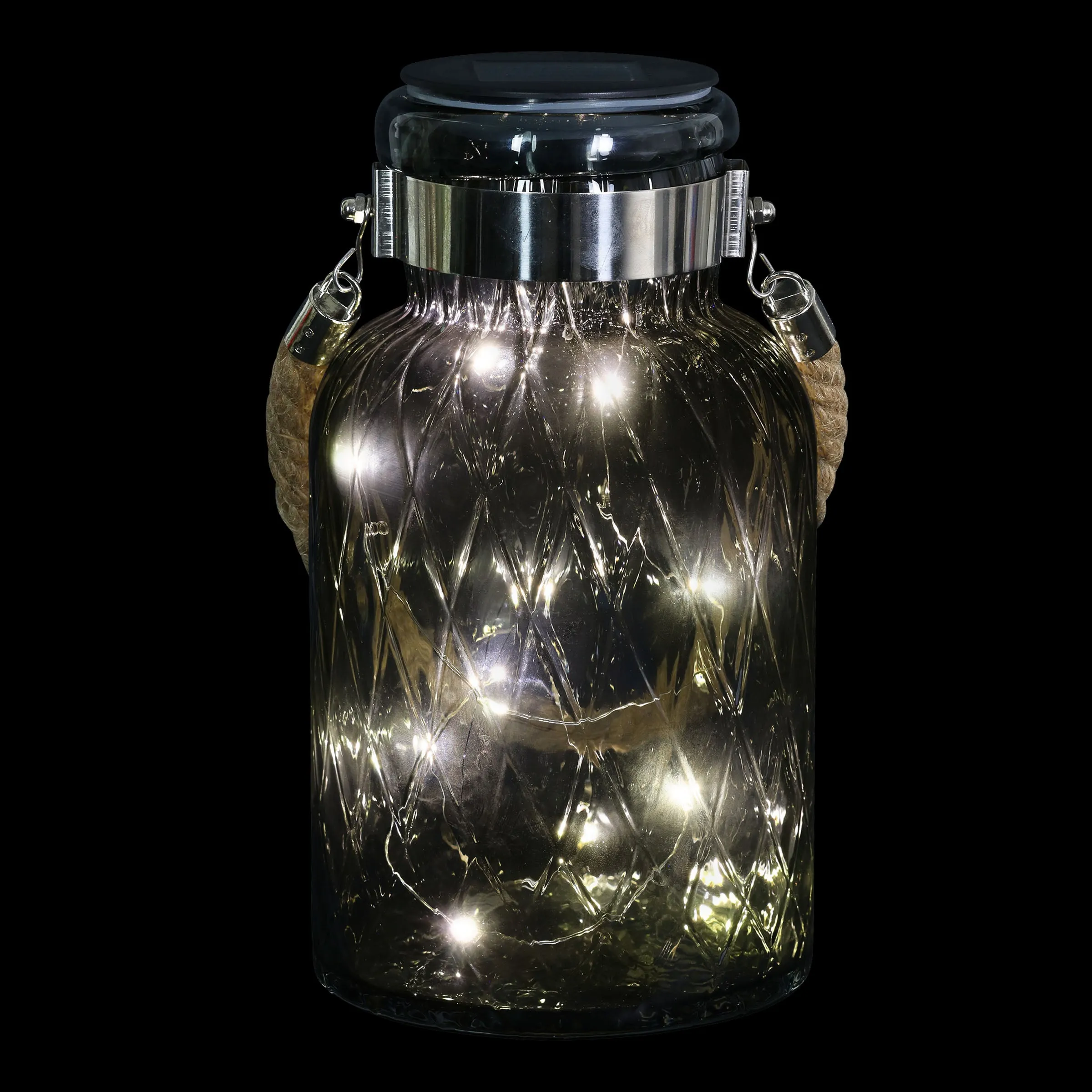 Solar Diamond Glass Accent Lantern with Rope and Twelve LED Lights in Grey, 10.5 Inches