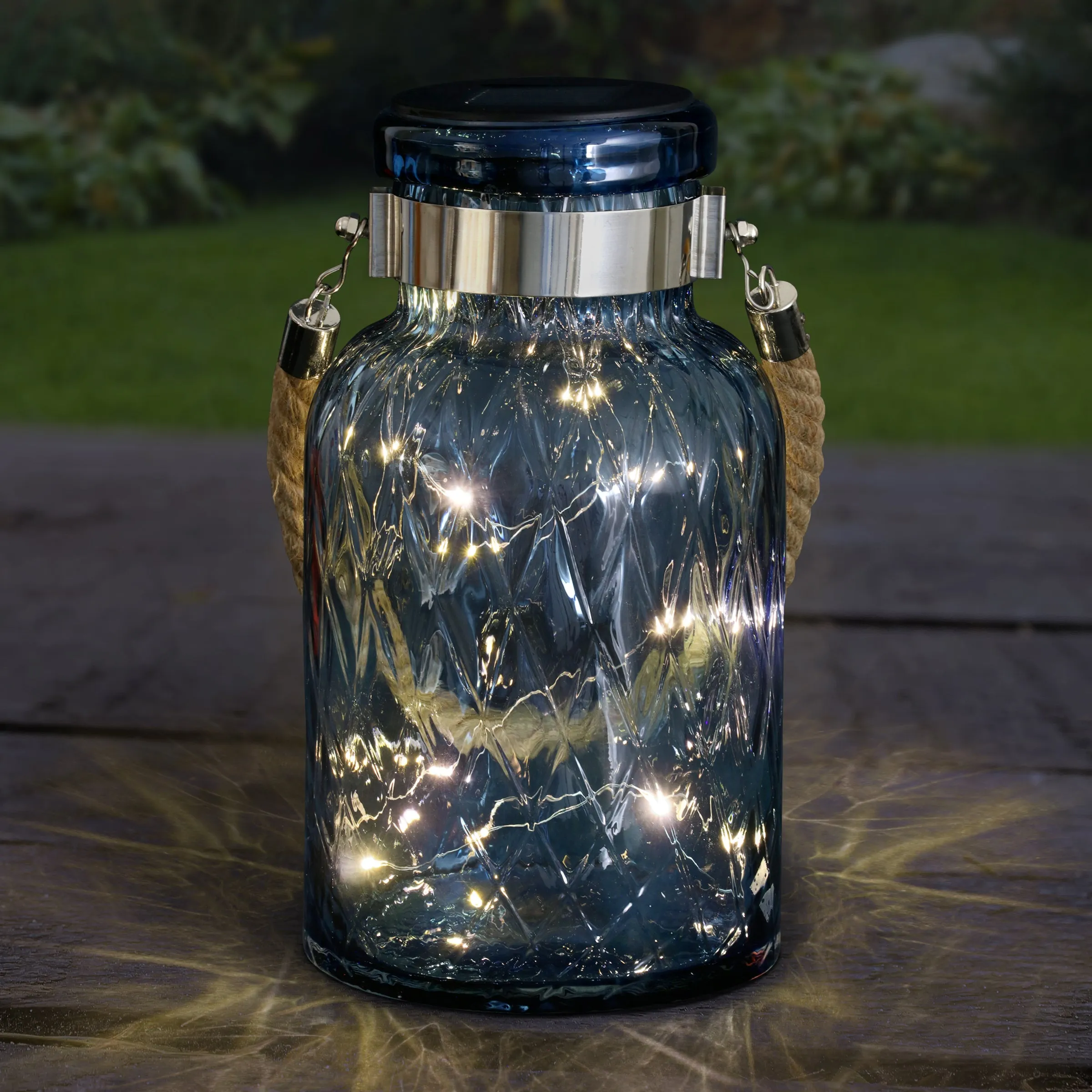 Solar Diamond Glass Accent Lantern with Rope Handle and Twelve LED Lights in Sapphire Blue, 10.5 Inches