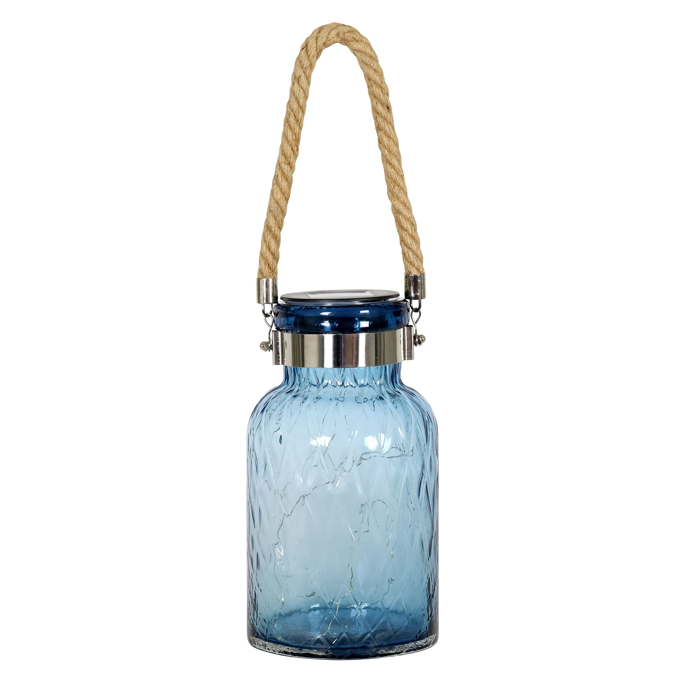 Solar Diamond Glass Accent Lantern with Rope Handle and Twelve LED Lights in Sapphire Blue, 10.5 Inches