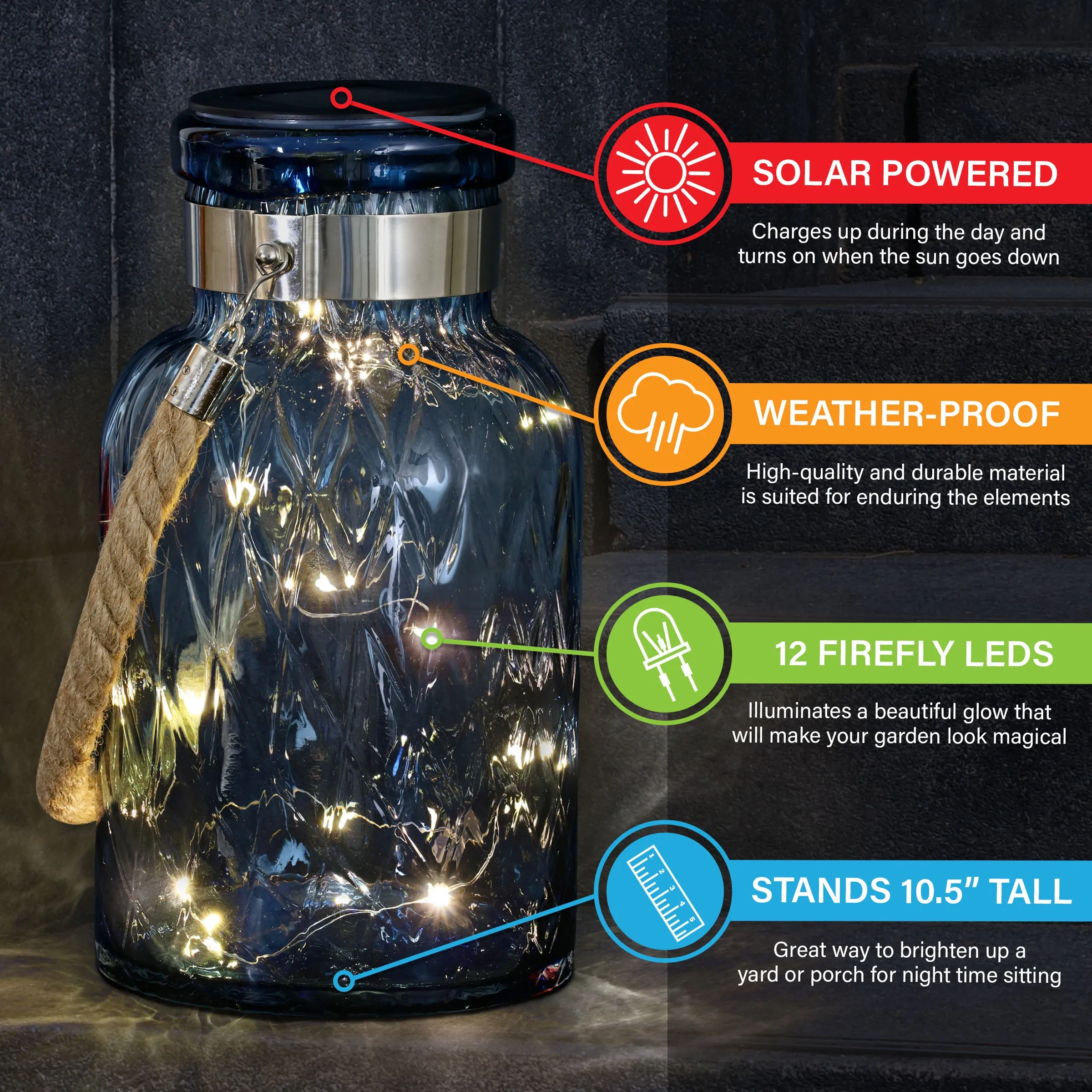 Solar Diamond Glass Accent Lantern with Rope Handle and Twelve LED Lights in Sapphire Blue, 10.5 Inches