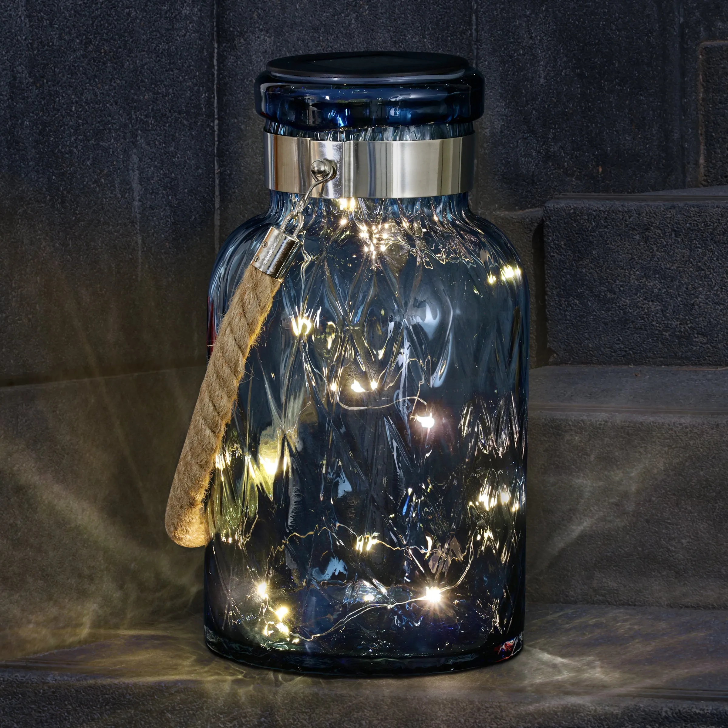 Solar Diamond Glass Accent Lantern with Rope Handle and Twelve LED Lights in Sapphire Blue, 10.5 Inches