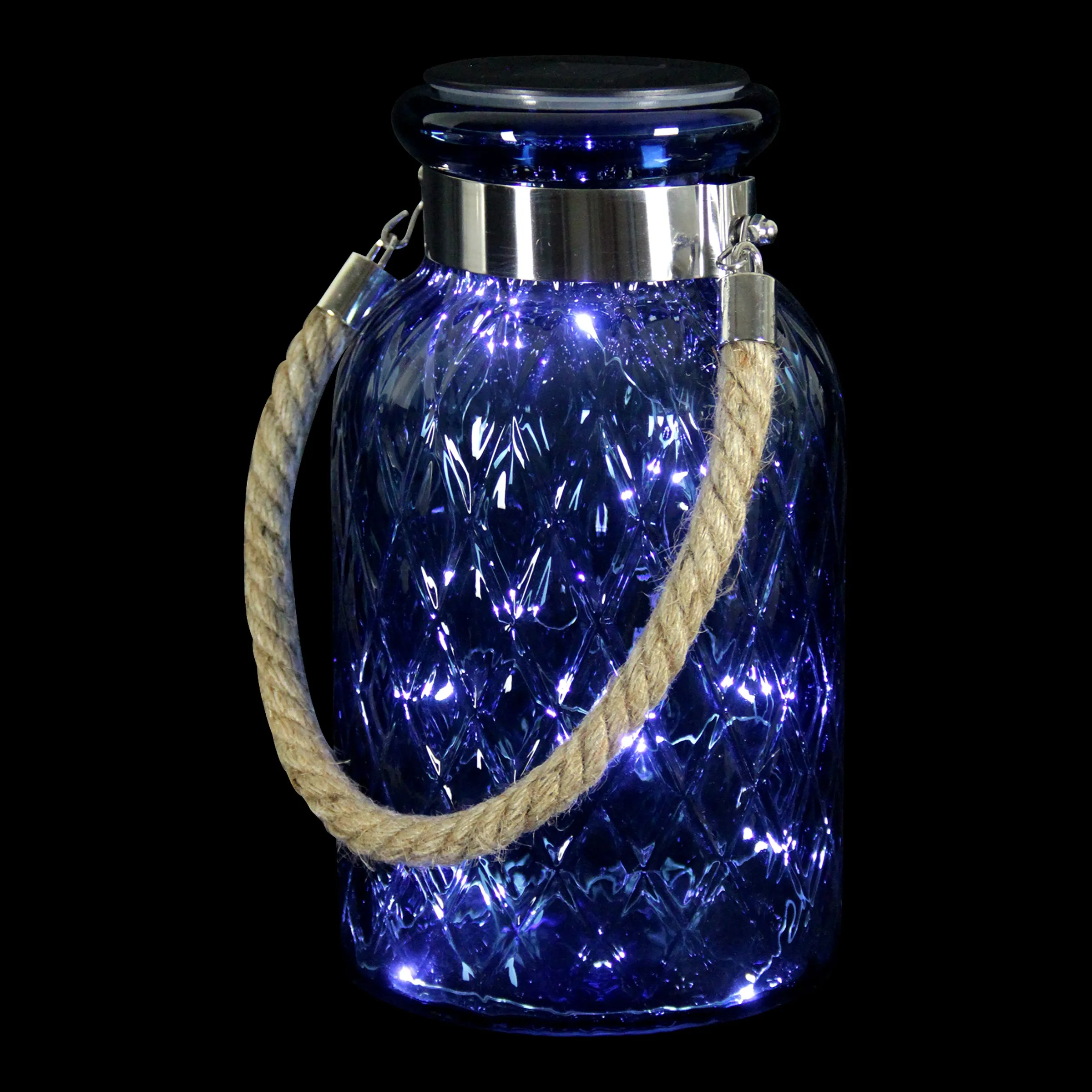 Solar Diamond Glass Accent Lantern with Rope Handle and Twelve LED Lights in Sapphire Blue, 10.5 Inches