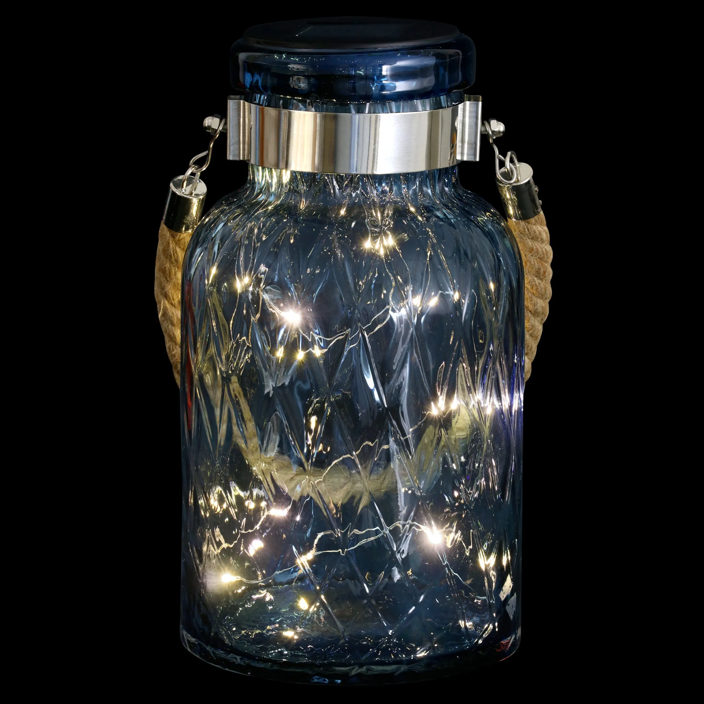 Solar Diamond Glass Accent Lantern with Rope Handle and Twelve LED Lights in Sapphire Blue, 10.5 Inches