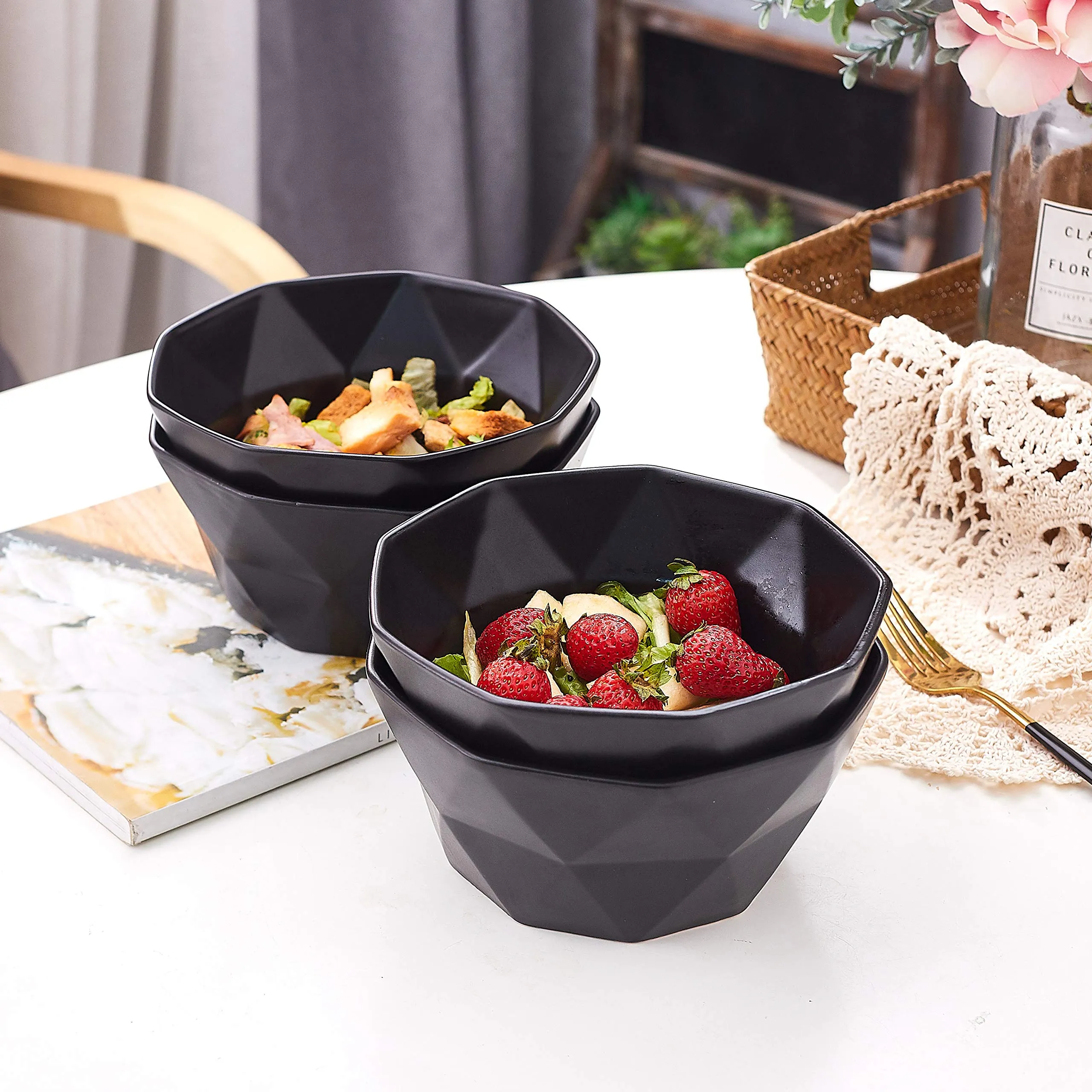 Soup Bowls Set of 4 Geometric 30 Ounce Soup Bowls - Elegant Stackable Ceramic Bowls