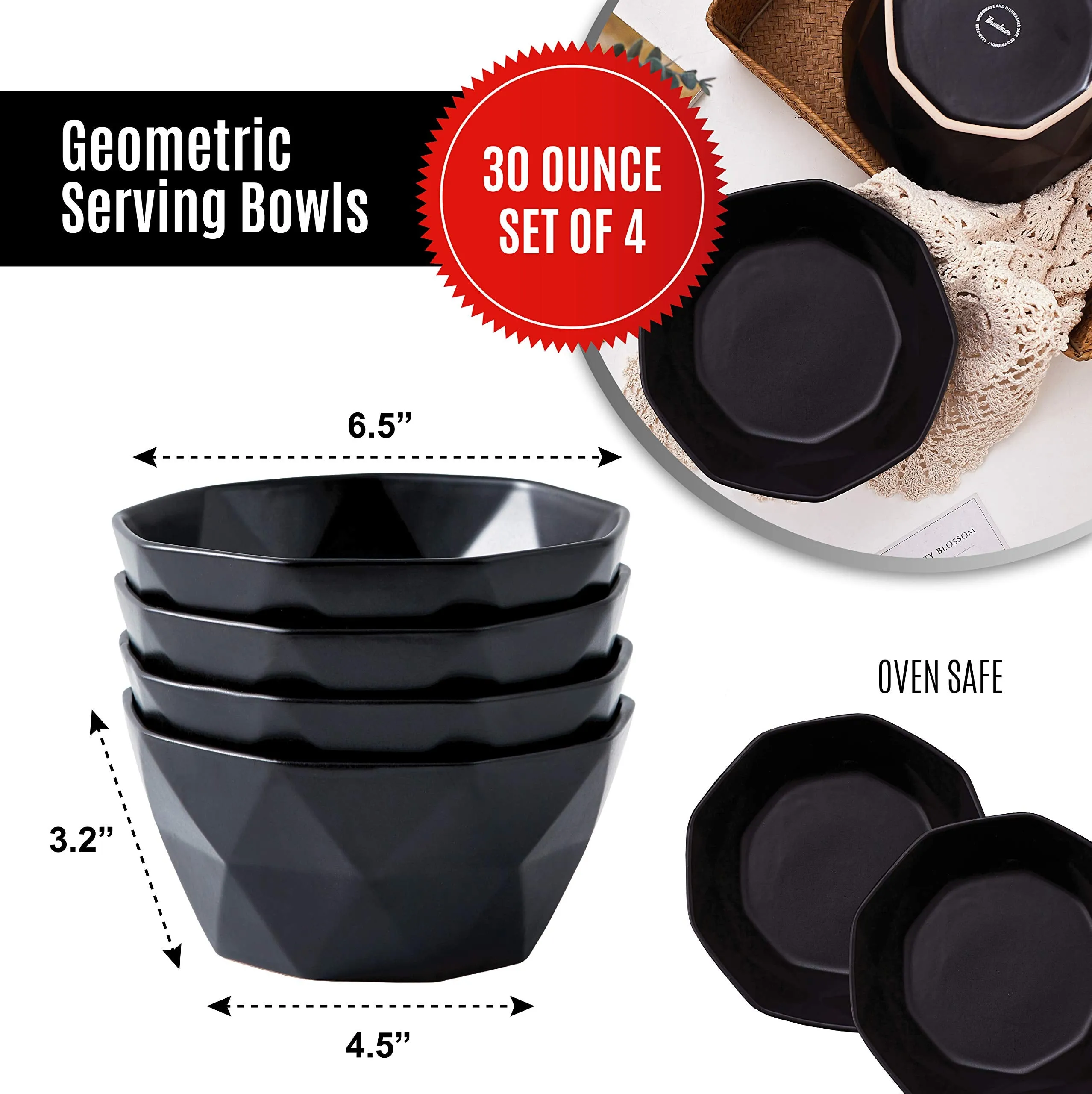 Soup Bowls Set of 4 Geometric 30 Ounce Soup Bowls - Elegant Stackable Ceramic Bowls