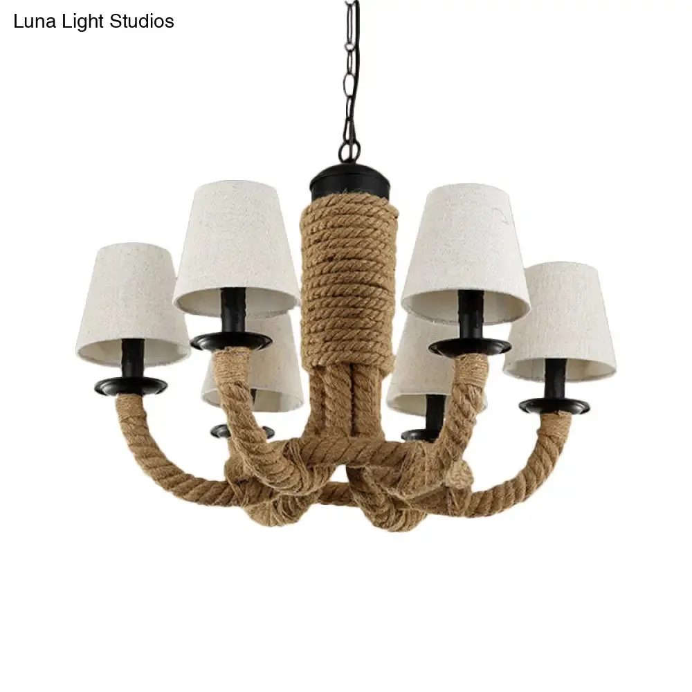 Tapered Fabric Chandelier Light - 6 Lights, Countryside Design, Living Room Pendant Lamp with Beige Rope