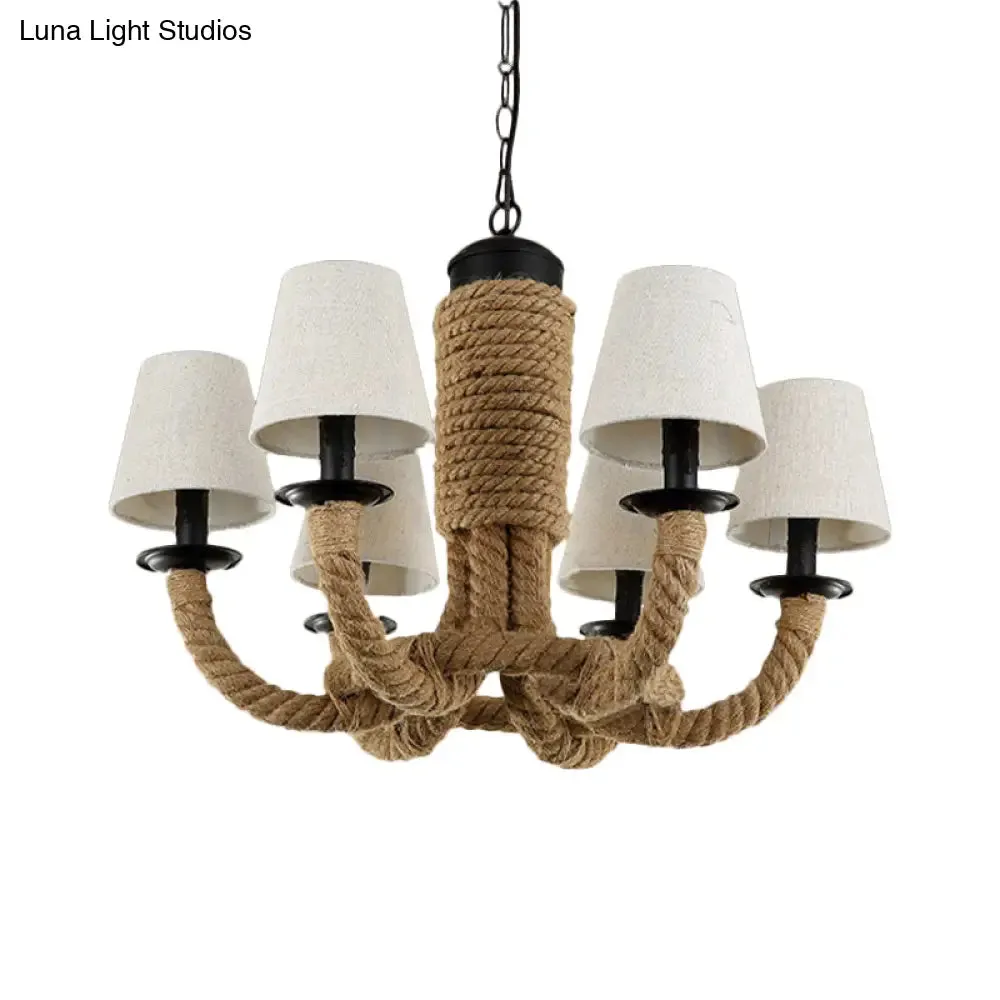 Tapered Fabric Chandelier Light - 6 Lights, Countryside Design, Living Room Pendant Lamp with Beige Rope