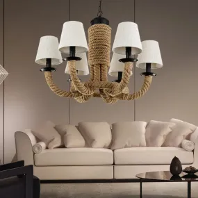 Tapered Fabric Chandelier Light - 6 Lights, Countryside Design, Living Room Pendant Lamp with Beige Rope