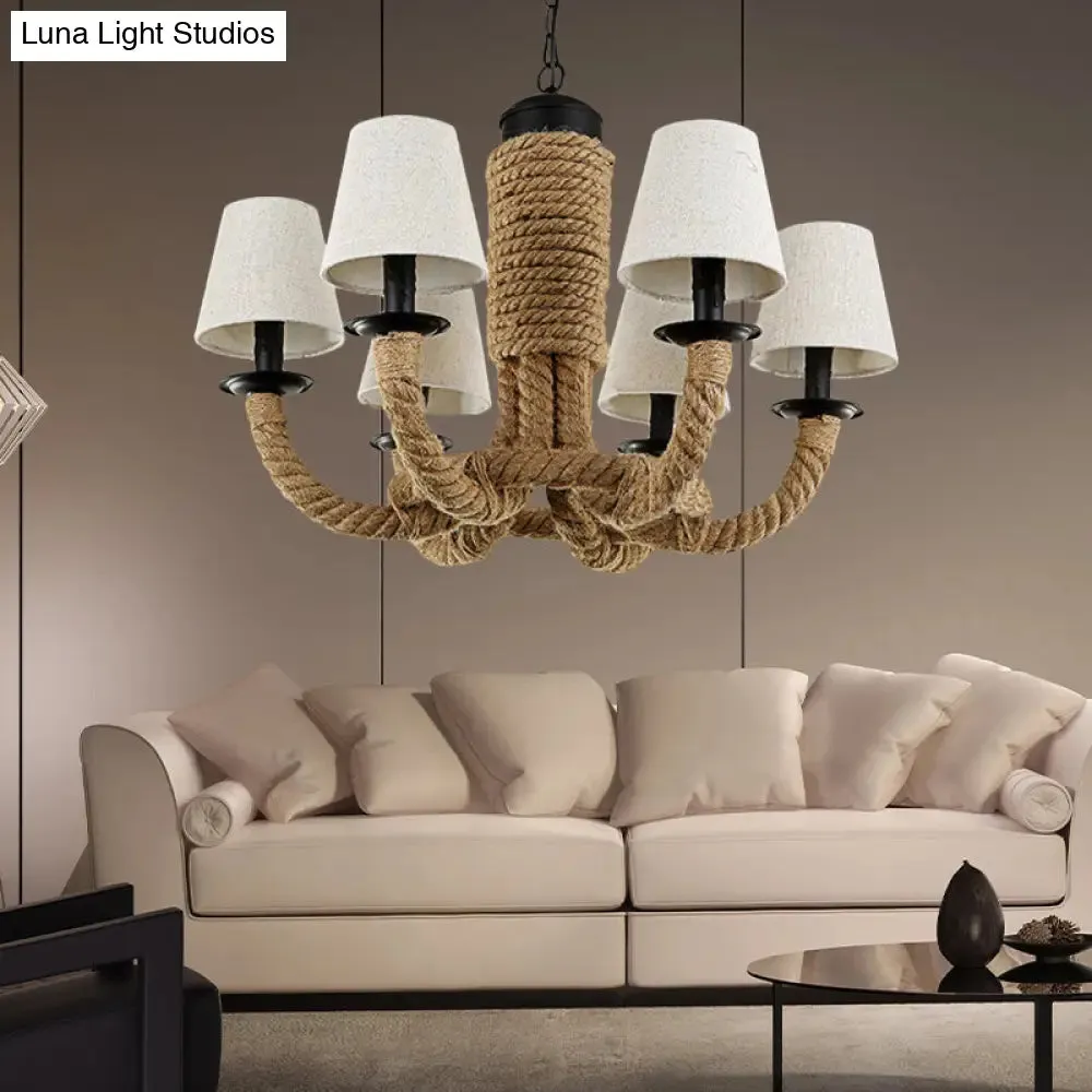 Tapered Fabric Chandelier Light - 6 Lights, Countryside Design, Living Room Pendant Lamp with Beige Rope