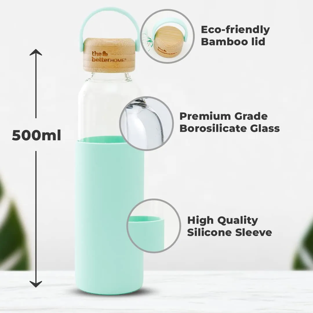 The Better Home Borosilicate Glass Water Bottle with Sleeve (500ml) | Non Slip Silicon Sleeve & Bamboo Lid | Fridge Water Bottles for Men, Women & Kids | Water Bottles for Fridge | Green (Pack of 100)