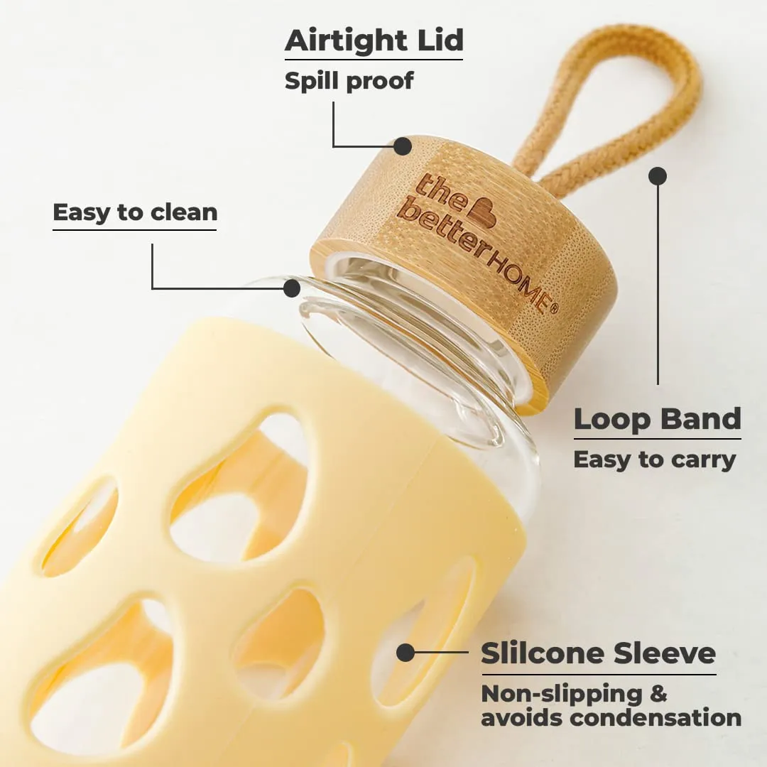 The Better Home Borosilicate Glass Water Bottle with Sleeve 550ml | Non Slip Silicon Sleeve & Bamboo Lid | Water Bottles for Fridge | Yellow (Pack of 10)