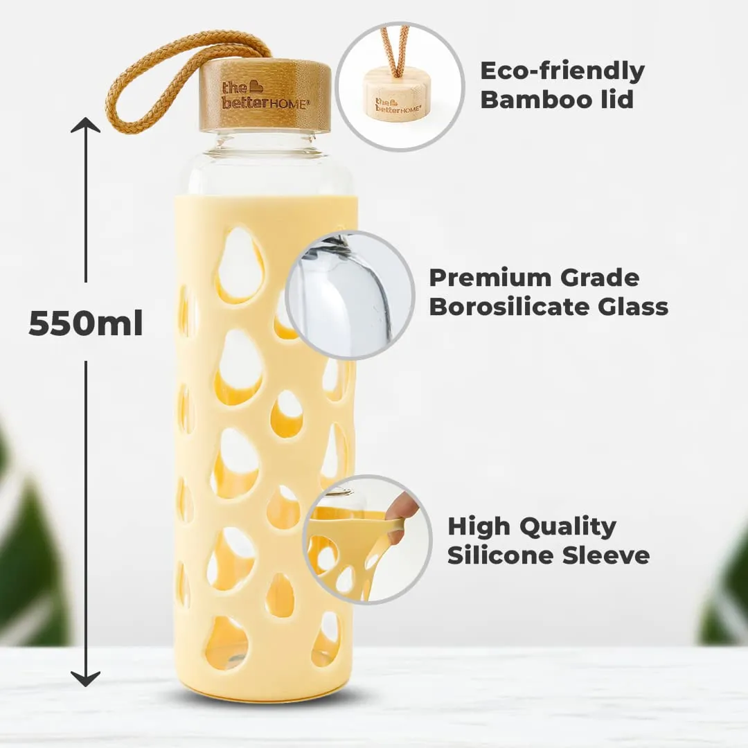 The Better Home Borosilicate Glass Water Bottle with Sleeve 550ml | Non Slip Silicon Sleeve & Bamboo Lid | Water Bottles for Fridge | Yellow (Pack of 10)