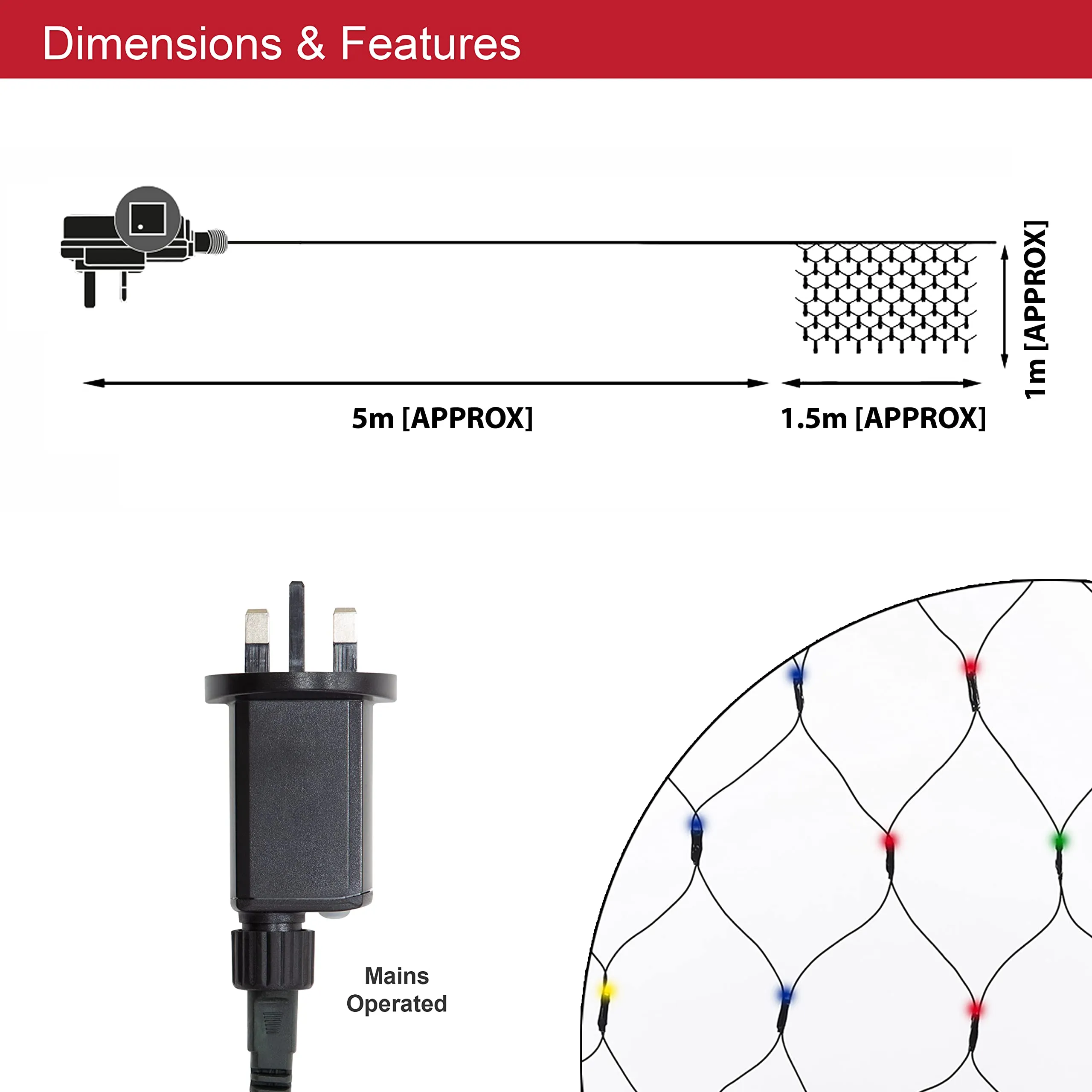 The Christmas Workshop 77970 150 LED Multi-Coloured Christmas Net Lights / Curtain Style Window Lights / 8 Different Modes / Mains Powered / Indoor and Outdoor / 1.5M x 1M