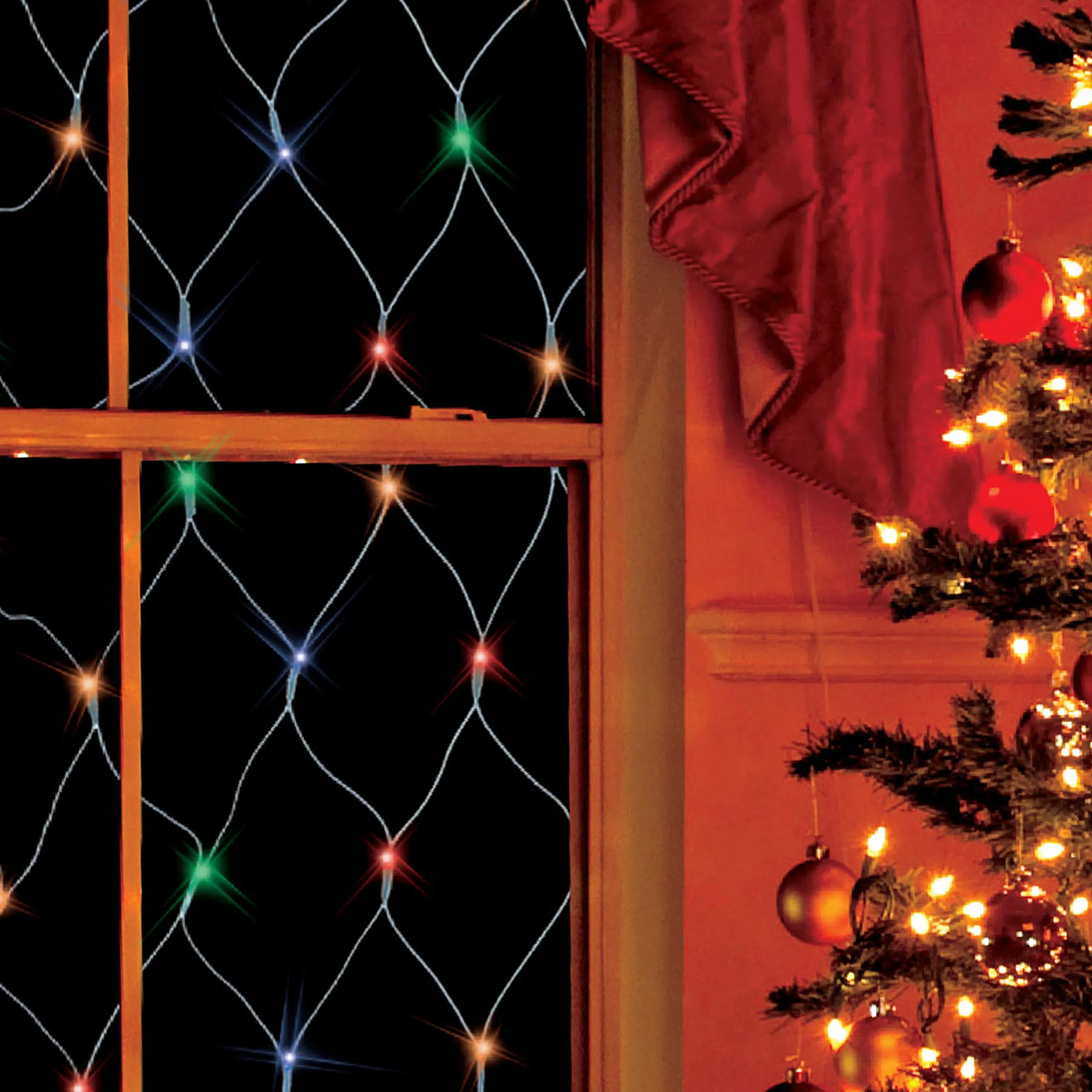 The Christmas Workshop 77970 150 LED Multi-Coloured Christmas Net Lights / Curtain Style Window Lights / 8 Different Modes / Mains Powered / Indoor and Outdoor / 1.5M x 1M