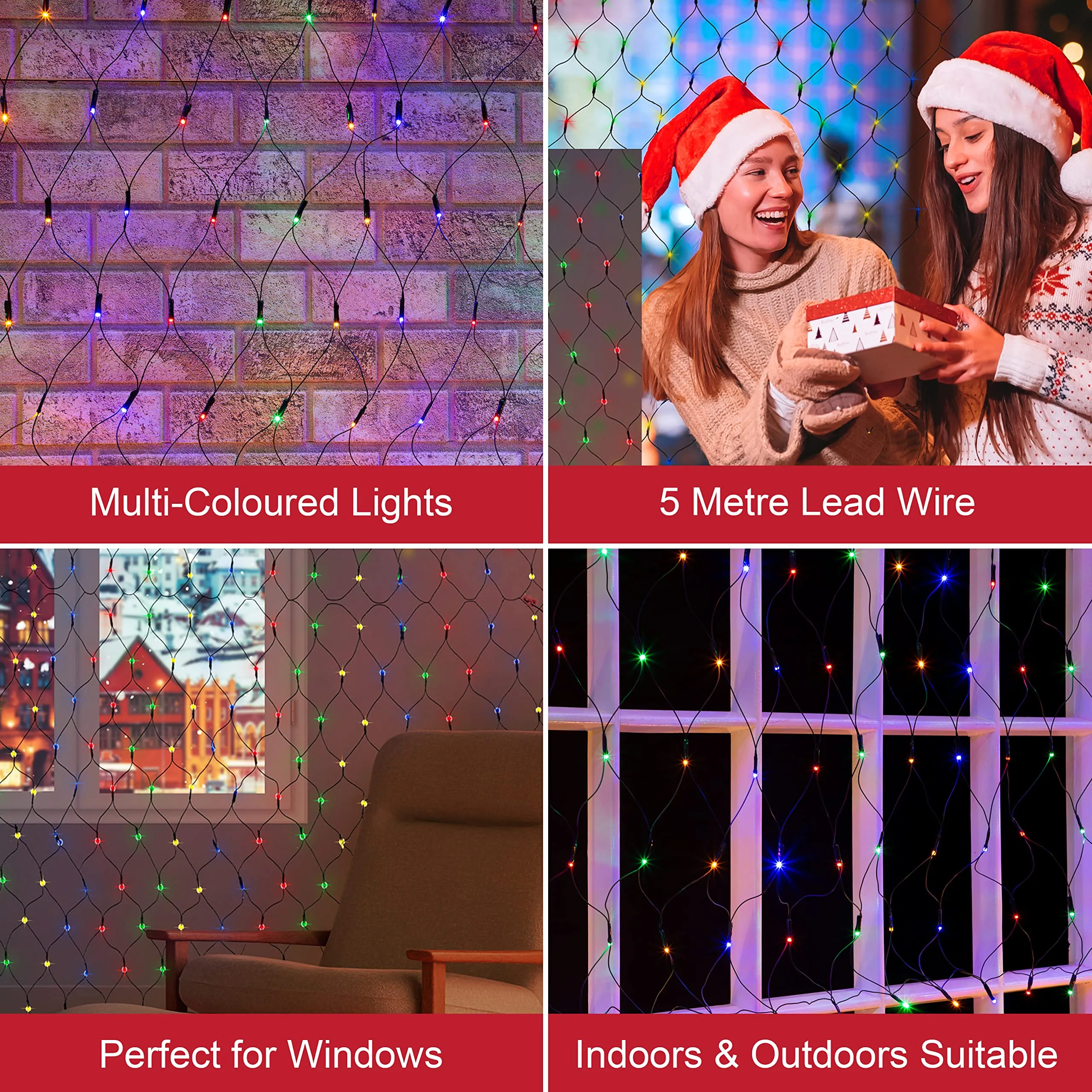 The Christmas Workshop 77970 150 LED Multi-Coloured Christmas Net Lights / Curtain Style Window Lights / 8 Different Modes / Mains Powered / Indoor and Outdoor / 1.5M x 1M