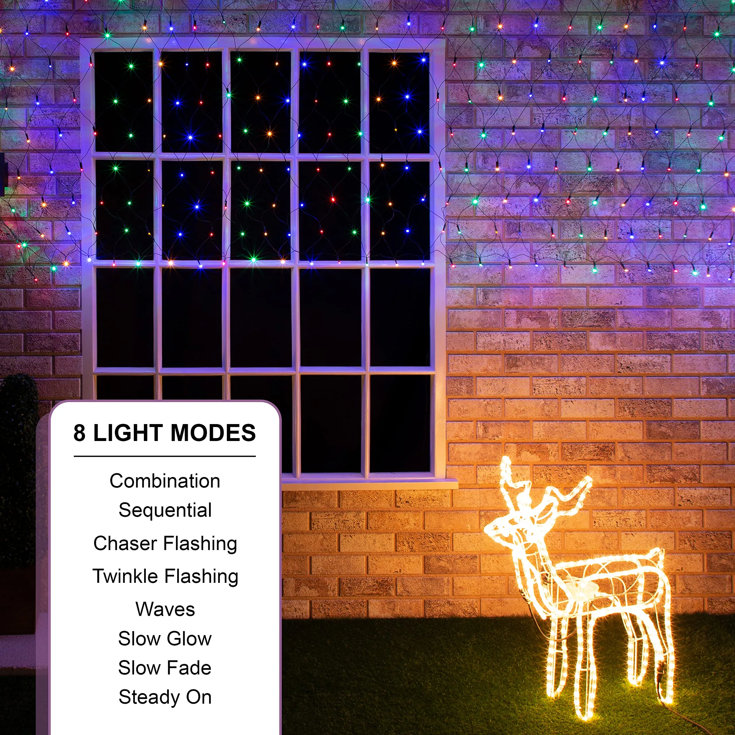 The Christmas Workshop 77970 150 LED Multi-Coloured Christmas Net Lights / Curtain Style Window Lights / 8 Different Modes / Mains Powered / Indoor and Outdoor / 1.5M x 1M