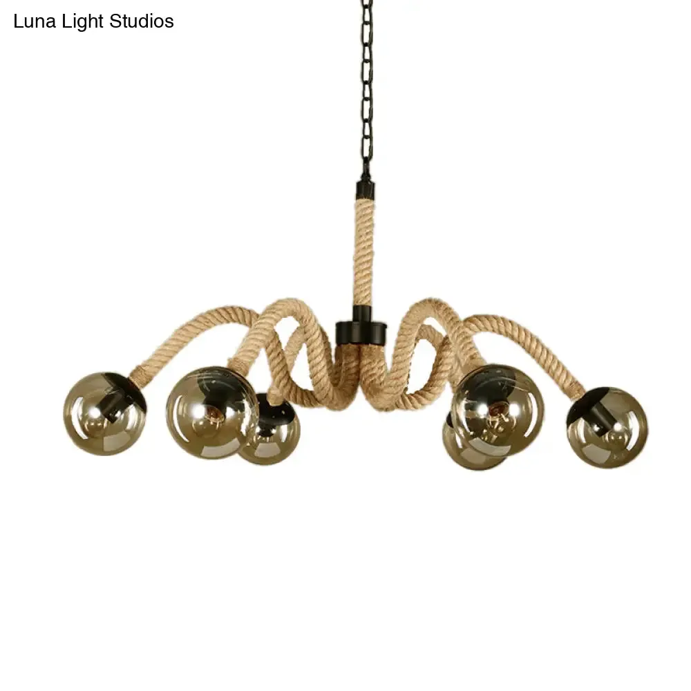 Traditional Rope Chandelier Light with Amber Glass Globe Shade - 6 Lights - Living Room Pendant Lighting