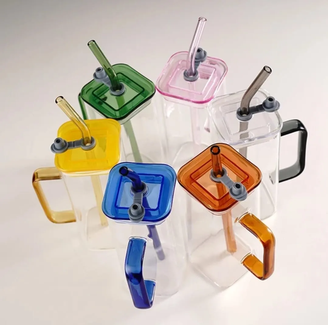 Transparent Square Tumbler Drinking Glass with Glass Straw and Colourful Handle