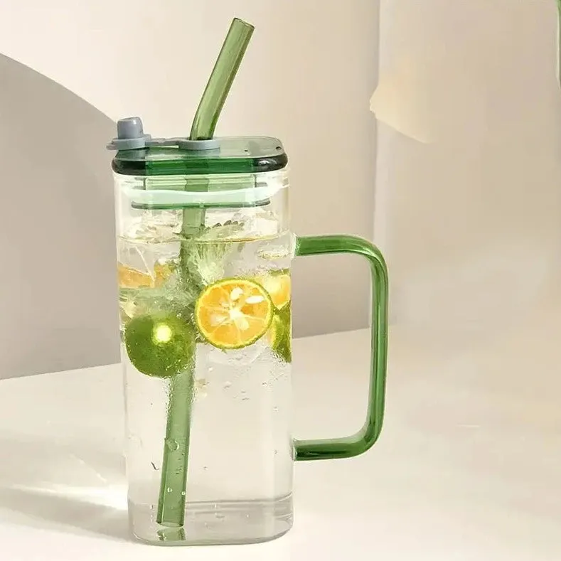 Transparent Square Tumbler Drinking Glass with Glass Straw and Colourful Handle