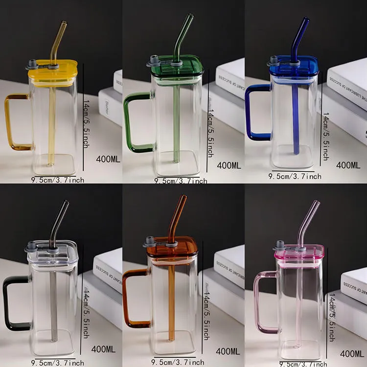 Transparent Square Tumbler Drinking Glass with Glass Straw and Colourful Handle