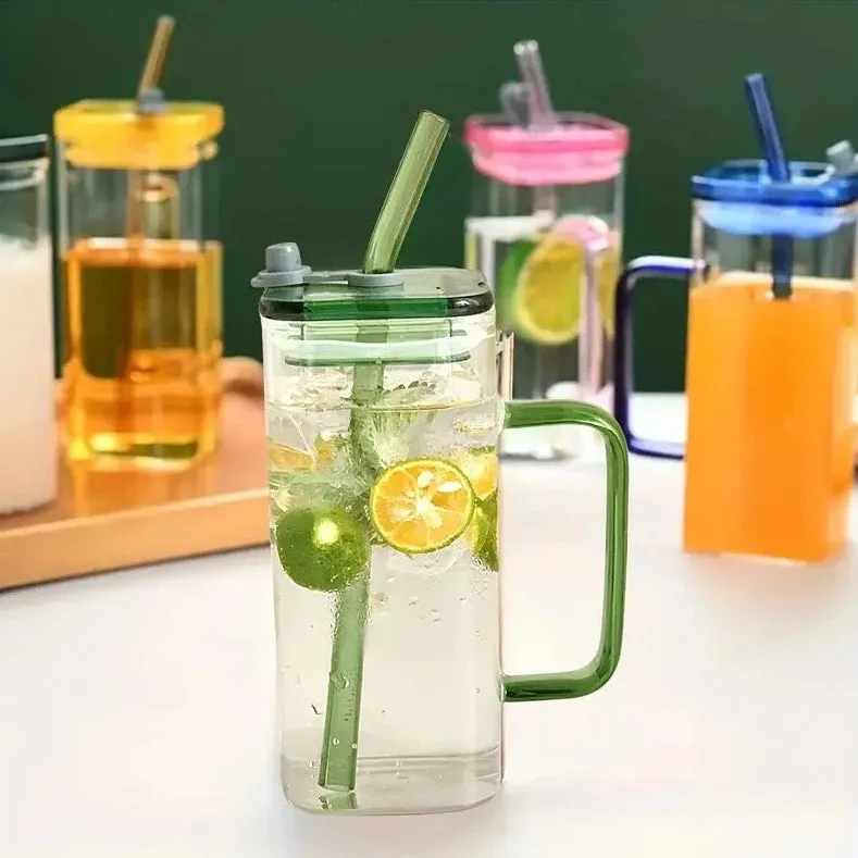 Transparent Square Tumbler Drinking Glass with Glass Straw and Colourful Handle