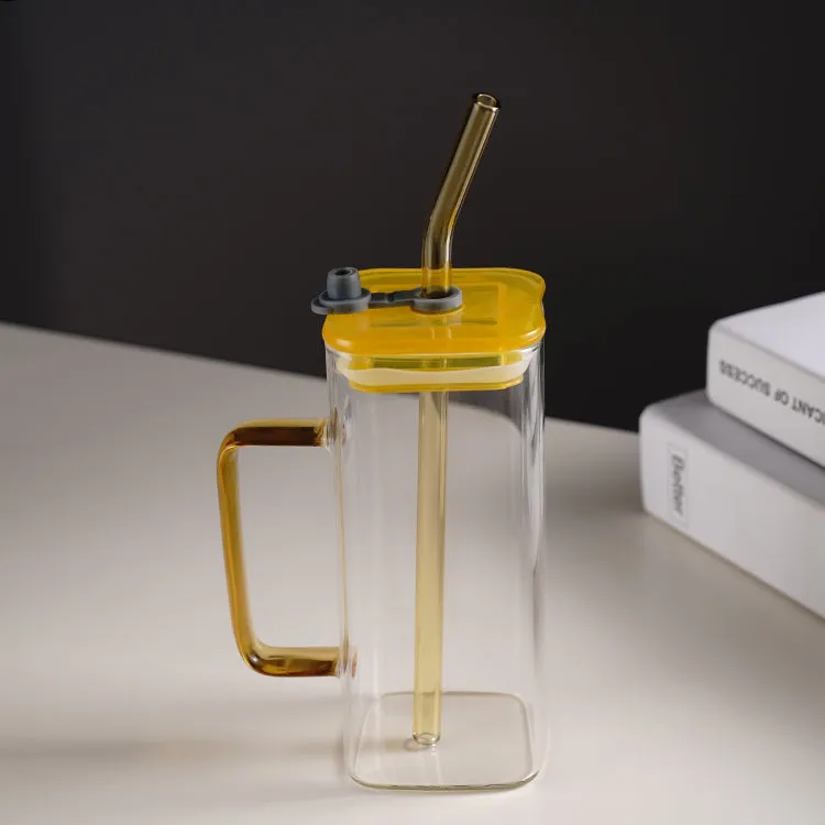 Transparent Square Tumbler Drinking Glass with Glass Straw and Colourful Handle