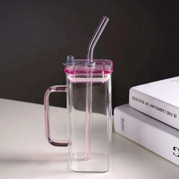 Transparent Square Tumbler Drinking Glass with Glass Straw and Colourful Handle